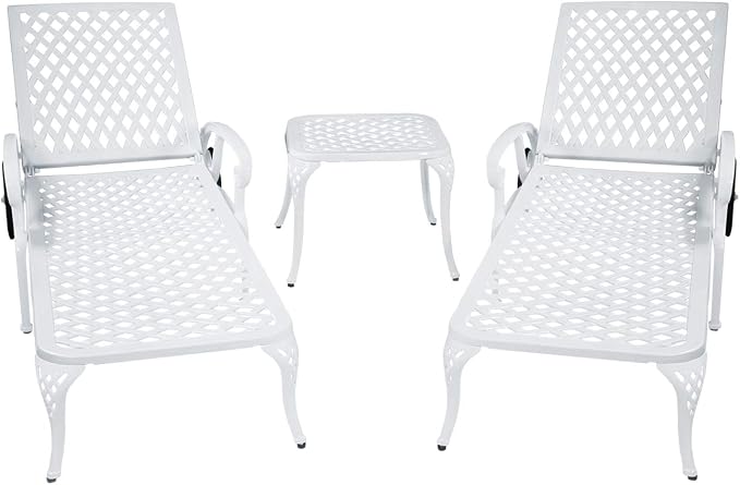 KEIKI Chaise Lounge Chair Outdoor, Aluminium Cast Patio Chaise Lounge with Adjustable Backrest and Moveable Wheels, Outside Tanning Chair, White (Side Table Not Included)