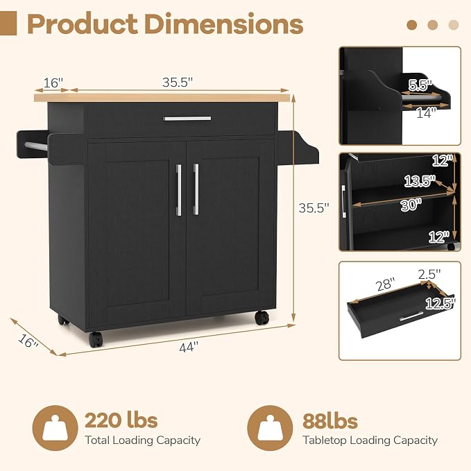 COSTWAY Kitchen Island On Wheels, Rolling Storage Trolley Cart | with Large Cabinet, Drawer, Spice Rack and Towel Rack, Kitchen Serving Utility, 3-Position Adjustable Shelf (Black)
