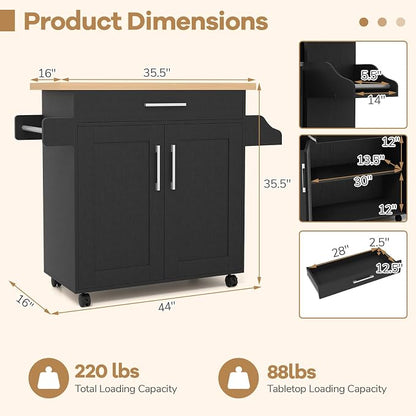 COSTWAY Kitchen Island On Wheels, Rolling Storage Trolley Cart | with Large Cabinet, Drawer, Spice Rack and Towel Rack, Kitchen Serving Utility, 3-Position Adjustable Shelf (Black)