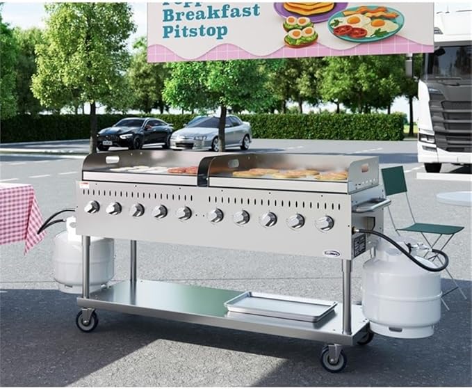 Pemberly Row 72" Stainless Steel Commercial Outdoor Propane Grill – 10 Burners, Dual Griddles, Heavy Duty BBQ Gas Grill