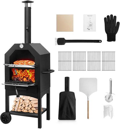 Outdoor Pizza Oven, Wood Fired for Outside, Patio Maker With Stone, Peel, Grill Rack, and Waterproof Cover for Backyard Camping