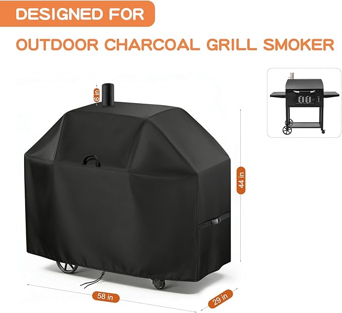 TheElves Grill Cover for Char-Griller 2175 Classic Cart Charcoal Grill, 58" Outdoor Grill Covers Waterproof Heavy Duty for Charcoal Grill Offset Smoker with Smoke Stack - 58" W x 29" D x 50" H