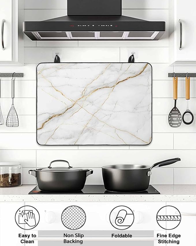 Stove Top Covers for Electric Stove 24x21 Inches, White Marble HeatResistant Glass Cooktop Protector, Nature Marble Crack Yellow-golden Lines Ceramic Stovetop Countertop Covers Mat, Modern Oven Cover
