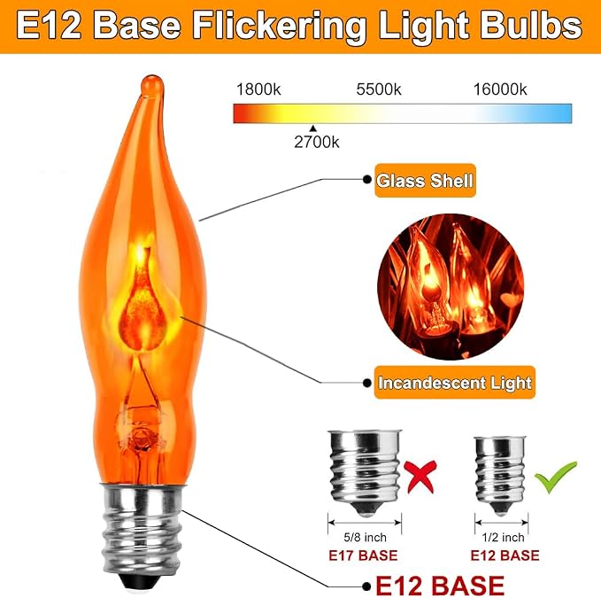 Halloween Flickering Flame String Lights Orange,10Ft C18 Flicker Flame String Lights C18 E12 Base Fireplace Lights Outdoor Indoor for Halloween Decorations Black Wire