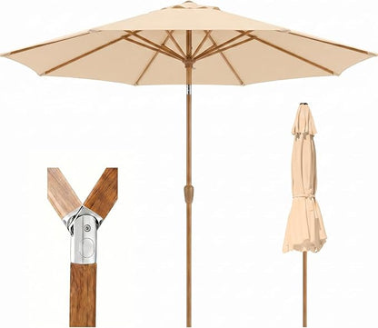 9ft Outdoor Patio Umbrella, Market Table Umbrella with Crank and Easy Push Button Tilt, Wood Grain Frame, UPF 50+ for Pool, Garden, Deck, Backyard
