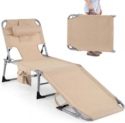 GYMAX Tanning Chair with Face Hole, Sun Bathing Lounge Chairs for Outside with Side Pocket, Folding Portable Face Down Layout Tanning Chair Beach, Backyard, Poolside, Lawn (Sand,1)