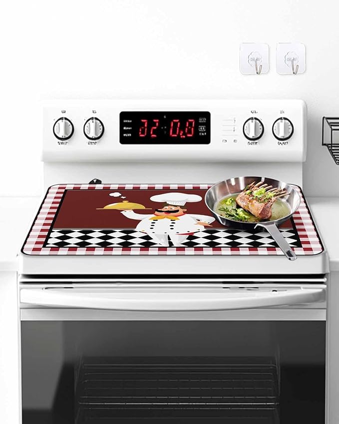 Stove Top Covers for Electric Stove 31x24 Inches, Fat Chef HeatResistant Glass Cooktop Protector, Red Gourmet Kitchen Red Black Buffalo Plaid Ceramic Stovetop Countertop Covers Mat, Oven Cover