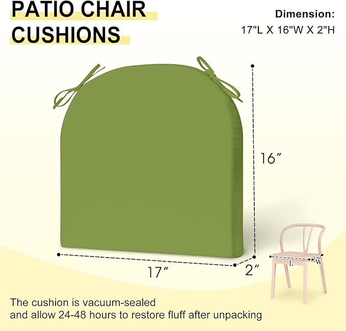 downluxe Outdoor Chair Cushions Set of 4 for Patio Furniture, Water-Resistant Patio Chair Cushions with Ties, High Density Foam Outdoor Seat Cushion, 17" X 16" X 2", Sage Green