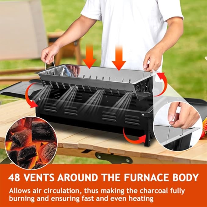 Adjustable Height Charcoal Grill, Large Cooking Area, Foldable with Side Shelves for 8-12 People Backyard Parties