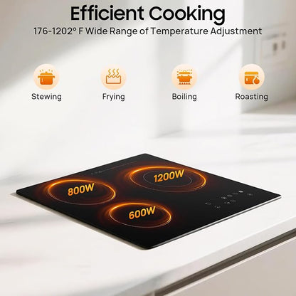 24 Inch Electric Stove, 3 Burners 2600W 110V Portable Ceramic Cooktop, Kitchen Counter Top Stove with Sensor Touch Control, 9 Heating Level, (No Plug)