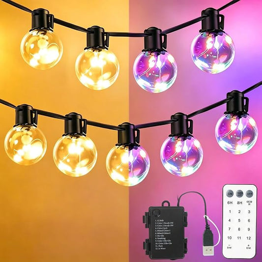 30ft Outdoor String Lights Battery Operated,20 G40 LED Patio Bulbs | Warm White Multicolor Dimmable Remote Timer Waterproof Hanging Globe Bulb Shatterproof for Backyard Balcony Christmas Decor