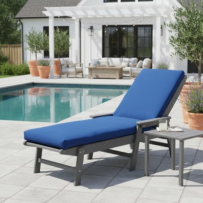 Modern Outdoor Chaise Lounge Cushion with Ties – Durable Polyester Fabric, Channel-Filled Polyfiber Insert, Removable Zippered Cover, Marine Blue