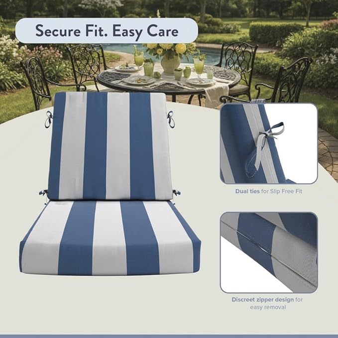 California Umbrella Outdoor Dining Chair, Set of 2 Patio Seat Cushions, 20 x 40 Inch, Premium Outdoor Memory Foam, Fade Resistant, Sunbrella Fabric, Fabric Ties, Cabana Regatta
