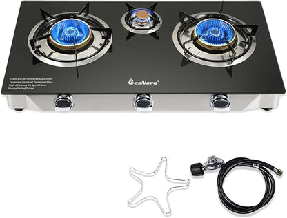 3 Burner Propane Gas Stove with Auto Ignition, 34000 BTU High-Efficiency Heavy-Duty Tempered Glass Cooktop, CSA Regulator & Hose Included, for Outdoor Camping Emergency