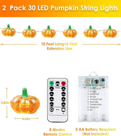 2 Pack 30LED Pumpkin Fall Decorations String Lights Battery Operated Remote | 20FT, 3D Pumpkin Fairy Twinkle Lights with Timer, 8 Modes, Waterproof Outdoor Autumn Harvest, Thanksgiving, Halloween Decor