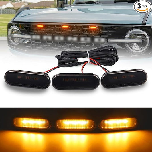 LED Grill Lights for Ford Bronco 2021 2022 2023 2024 2025 2/4-Door Badlands Wildtrak Everglades, Smoked Black OEM Grille Lamps Kit Bronco Accessories(3 PCS)