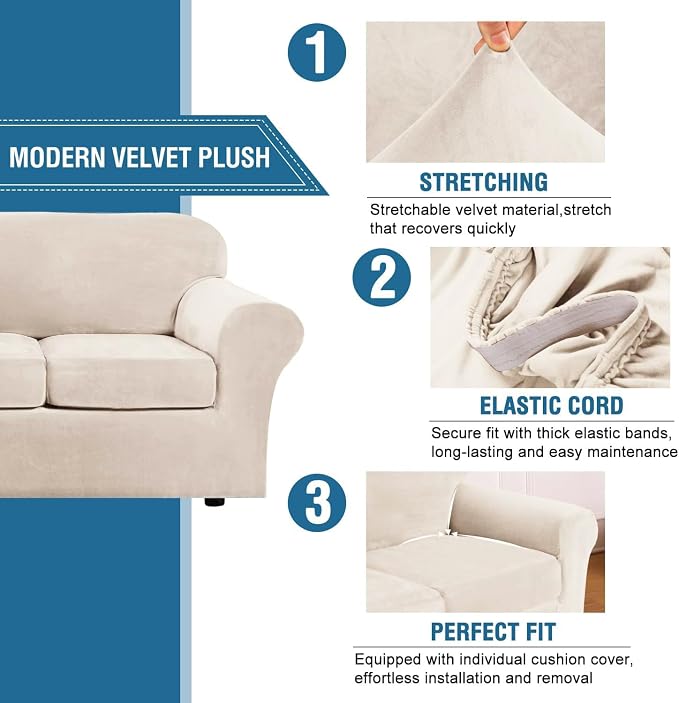 H.VERSAILTEX Modern Velvet Plush 4 Piece High Stretch Sofa Slipcover Furniture Protector Form Fit Velvet Extra Large Sofa Cover for 3 Cushion Couch Width Up to 105 Inch (XL Sofa, Cream)