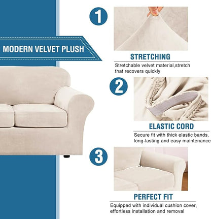 H.VERSAILTEX Modern Velvet Plush 4 Piece High Stretch Sofa Slipcover Furniture Protector Form Fit Velvet Extra Large Sofa Cover for 3 Cushion Couch Width Up to 105 Inch (XL Sofa, Cream)