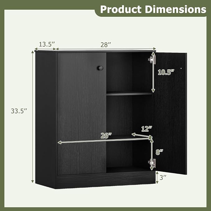 GIANTEX 2 Door Storage Base Cabinet (Black) | 3-Tier Base Cabinet with Non-Slip Foot Pads, Kitchen Cupboard Storage Organizer for Living Room, Hallway, Entryway, Office