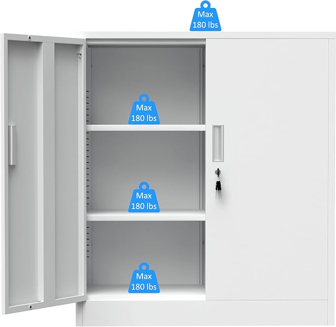 Metal Storage Cabinet with Locking Doors and 2 Adjustable Shelves, Small Lockable Storage Cabinet for Home Office Garage (White)
