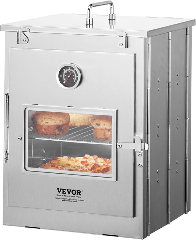 VEVOR Foldable Camping Oven, Stainless Steel Portable Camping Stove, with 3 Tier Grill, Handle and Thermometer, Use with Wood Burning Fire, Propane Stoves, for Baking Bread, Pizza, Outdoor Cooking
