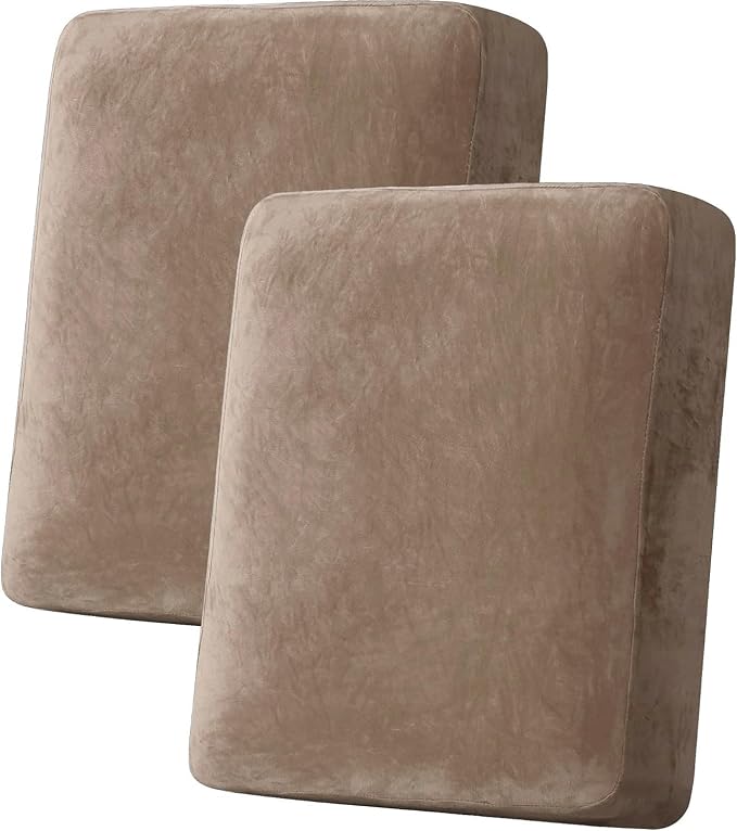 H.VERSAILTEX Velvet Stretch Couch Cushion Cover Plush Cushion Slipcover for Chair Loveseat Sofa Cushion Furniture Protector Seat Cushion Sofa Cover (2 Piece Medium Sofa Cushion Covers, Camel)