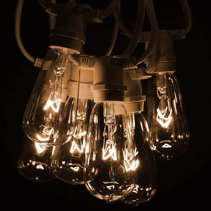 Commercial Vintage Edison String Lights (PS50 Clear - White Wire, 25 Foot) | ST40 Clear 7 Watt Bulbs, 25 Foot 20 Socket, Commercial Grade Outdoor Lights