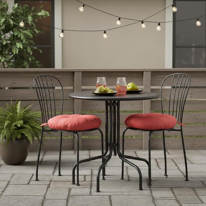15 x 15 Round Bistro Chair Cushion, Reversible Patio Seat Cushion with Attached Ties, Polyester Fabric, Recycled Polyfiber Fill, Set of 2 - Coral