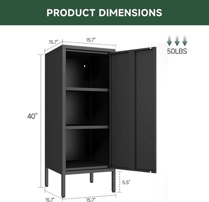 Metal Storage Cabinet with Door & 2 Adjustable Shelves 39.5” Small Storage Cabinet with Magnetic Closure for Home Office Garage Kitchen (Black)