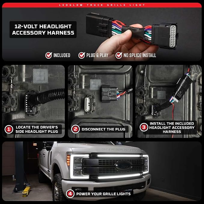 LEDGlow White LED Truck Grille Lighting Kit Fits 2017-2019 Ford F250 F350 | Compatible with Super Duty w/ LED Headlights, Includes 2X Grill Light Bars, Accessory Harness & Y-Splitter