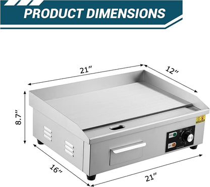 Garvee 21 In Commercial Electric Griddle, Flat Top Grill Countertop Griddle | Non-Stick Stainless Steel Teppanyaki Grill for Restaurant Kitchen Outdoor BBQ