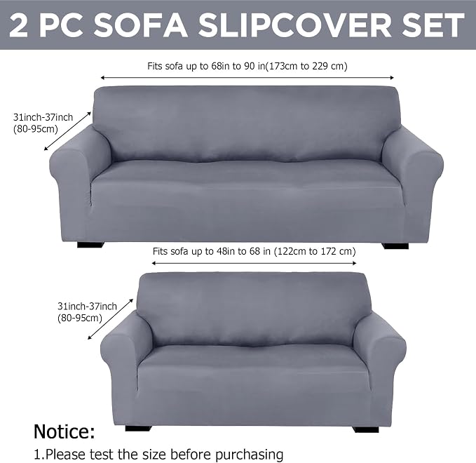 Peryiter 2 Pcs Couch and Loveseat Sofa Covers,Light Gray,Milk Silk | Armchair Covers for Living Room, Sofa Cushion Slipcover 2/3 Seater, Furniture Protector, Polyester and Spandex, Washable