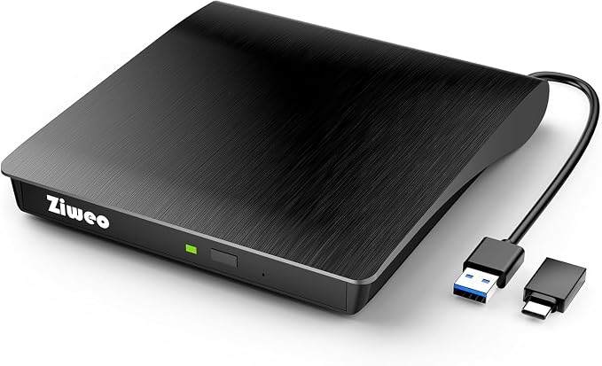 Ziweo External CD DVD Drive, Portable USB 3.0 Type-C CD Burner CD +/-RW Drive DVD Player for ROM Rewriter Burner Compatible with Laptop Desktop PC Windows MacBook Linux Mac OS