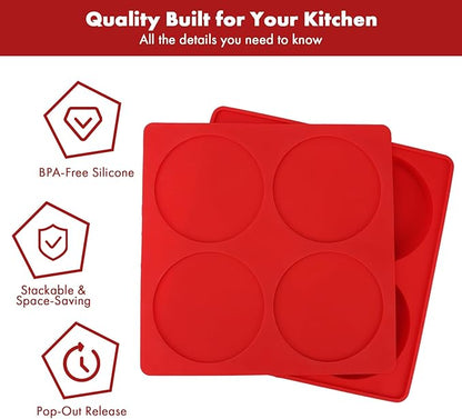 Silicone Burger Patty Maker & Freezer Tray, Grilling Cookware 4-Cavity Mold with Airtight Lid, Make 4 Perfect 4.7-Inch Patties at Once for Easy BBQ Prep & Freezer Storage