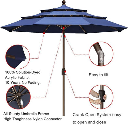 EliteShade USA 10-Year-Non-Fading 9ft 3-Tier Market Patio Umbrella, Commercial Grade Outdoor Table Umbrella with Crank Open, Windproof & UPF 50+ UV Protection, Heavy Duty Ventilation for Garden, Deck, Pool, Backyard, Beach & Bistro, Navy Blue