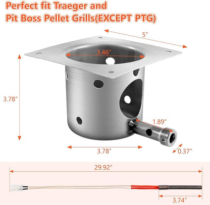 QuliMetal Upgraded Fire Burn Pot and Hot Rod Ignitor Kit Replacement Parts | for Traeger, Pit Boss & Camp Chef Pellet Grill Smoker, Durable Fire Burner Pot with Ash Remover, Screws & Fuse