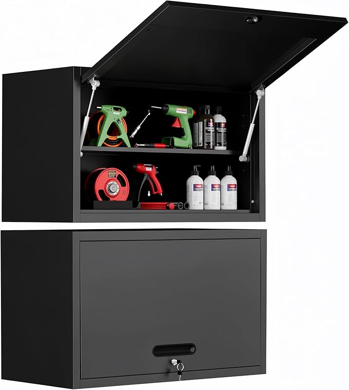 Garage Wall Cabinet with Flip-Up Door and Shelf, Lockable Metal Storage Cabinet Wall Mounted, Hanging Tool Cabinet for Garage Basement Utility Room, Black