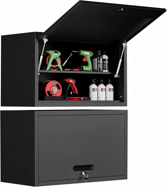 Garage Wall Cabinet with Flip-Up Door and Shelf, Lockable Metal Storage Cabinet Wall Mounted, Hanging Tool Cabinet for Garage Basement Utility Room, Black