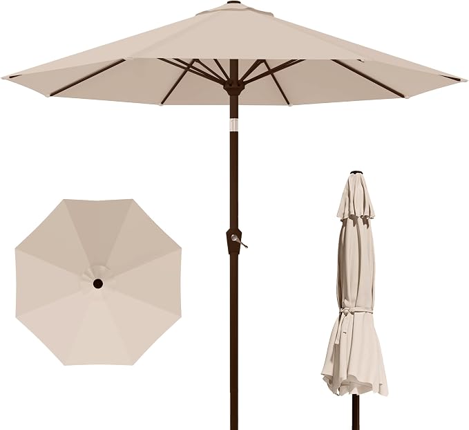 Kingdura 9FT Outdoor Patio Umbrella, Round Market Table Umbrella with Push‑Button Tilt and Crank Lift, 8 Sturdy Metal Ribs, UV50+ Protection Canopy for Backyard, Lawn, Deck, Poolside, Garden (Beige)