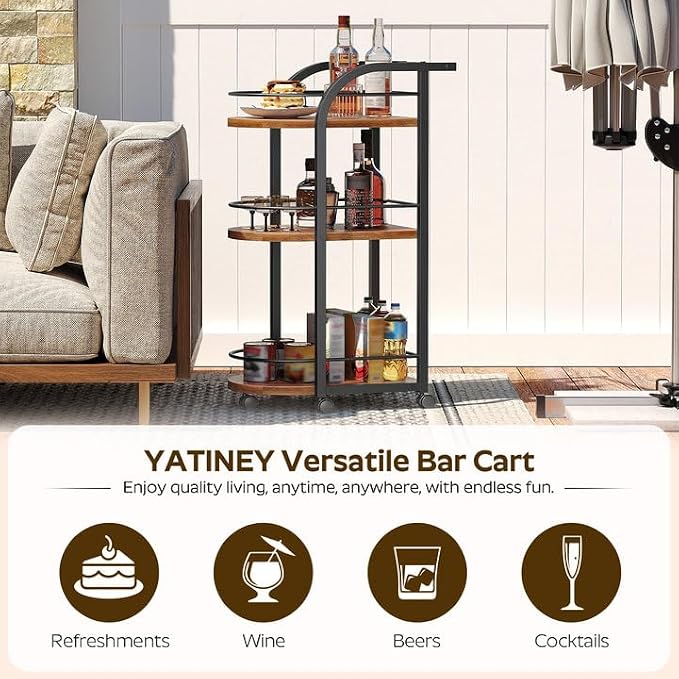3-Tier Bar Cart, Home Bar Serving Cart with Fence and Wheels, for Dining Room, Living Room, Garden, Party, Rustic Brown and Black BC06BR