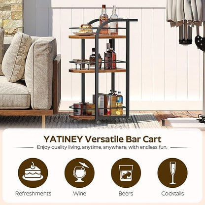 3-Tier Bar Cart, Home Bar Serving Cart with Fence and Wheels, for Dining Room, Living Room, Garden, Party, Rustic Brown and Black BC06BR