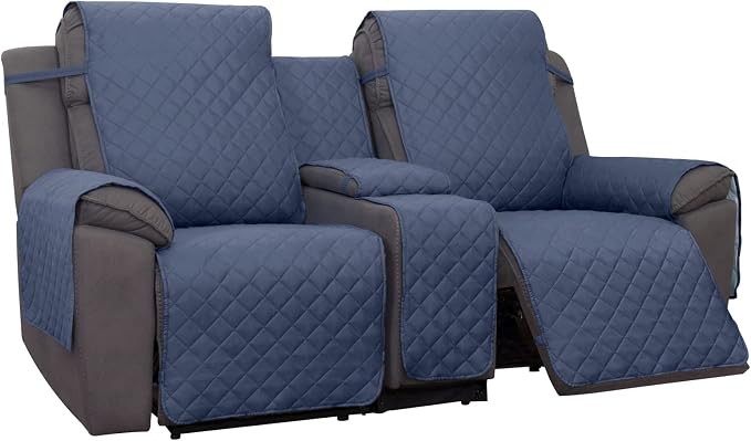 PureFit Water Resistant Reversible Loveseat Recliner Cover for Double | Double with Console, Non Slip Split Sofa Cover, Washable Reclining Cover, Dark Blue/Light Blue