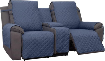 PureFit Water Resistant Reversible Loveseat Recliner Cover for Double | Double with Console, Non Slip Split Sofa Cover, Washable Reclining Cover, Dark Blue/Light Blue