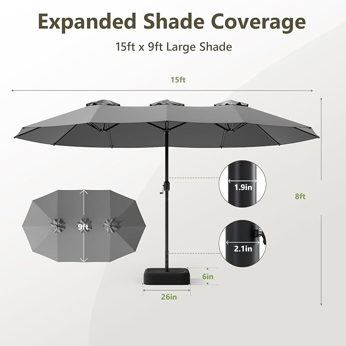 15FT Patio Umbrella, Double-Sided Outdoor Umbrella with base included, Large Standing Umbrella with Crank Handle & Ventilation, Rectangular patio umbrella for Pool, Backyard, Deck, Lawn & Beach