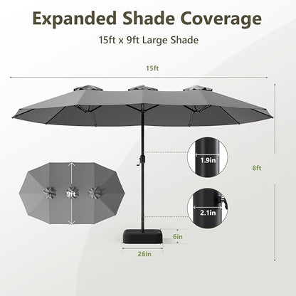 15FT Patio Umbrella, Double-Sided Outdoor Umbrella with base included, Large Standing Umbrella with Crank Handle & Ventilation, Rectangular patio umbrella for Pool, Backyard, Deck, Lawn & Beach