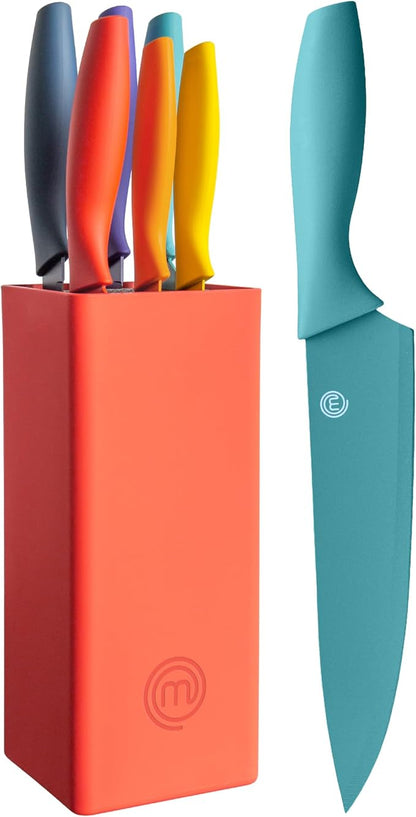 MasterChef Knife Set with Block, 7pc Kitchen Knives Set with Holder, Color | Knife Block Set with Sharp Stainless Steel Blades for Precise Cutting with Non Stick Coating & Soft Touch Easy Grip Handles