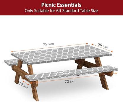 6ft 72in Picnic Table and Bench Cover, 3 Pack, Gray-White Moroccan | Drawstring Bag, Waterproof Windproof, Elastic Fitted Edges Tablecloth, for Rectangle Table & Seat, Camping Essentials RV Gear