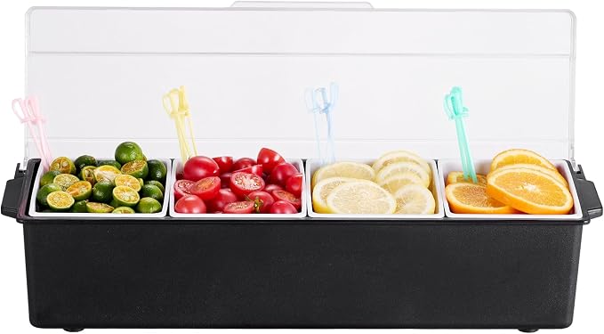 VEVOR Chilled Condiment Server, 4 Compartment Ice Cooled Condiment Serving Container, Chilled Garnish Tray Bar Caddy with Lid, for Bartending & Serving Taco, Salad, Fruit, Home & Restaurant Supplies