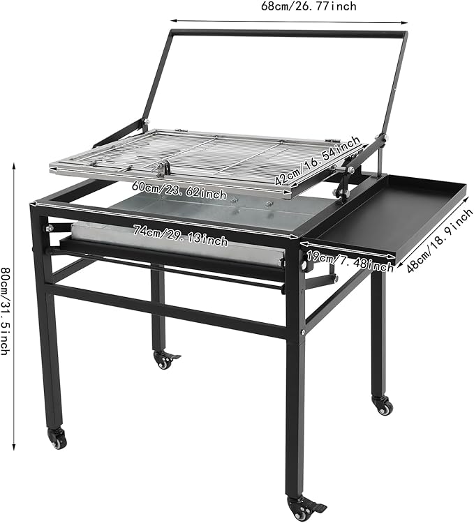 360° Rotating BBQ Charcoal Grill with Wheels, Movable Barbecue Grill Stand-up Detachable Portable Outdoor Charcoal Grill for Camping Garden Commercial Backyard, Heavy Duty Square, 23.6"x16.5" Grid
