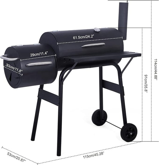 Charcoal Grill, 45inch Charcoal Barrel Grill with Offset Smoker, Charcoal BBQ Grill for Outdoor Garden Patio and Backyard Cooking Black 45.28 x 20.87 x 44.9 inch